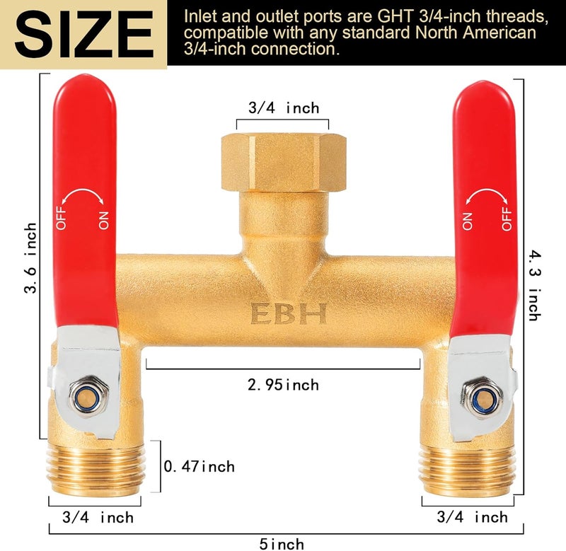 EBH Garden Hose Splitter, 2-Way High Flow Heavy Duty Brass Outdoor Hose Manifold with Extra Long Handles Full Flow Faucet Adapter- 3/4” GHT(Red) - Image 2
